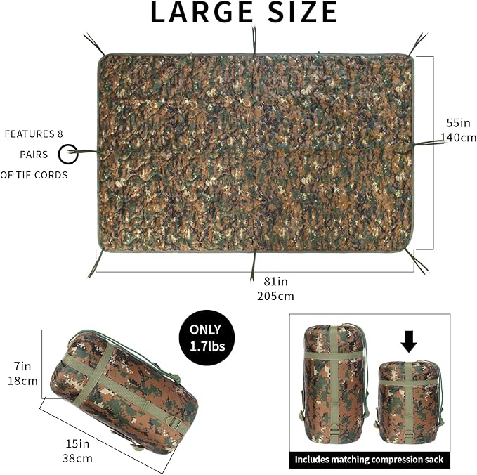 Camo Poncho Liner Army Blanket Military Sleeping Bag with A Compression Carrying Bag for Traveling Hiking Camping Outdoor Survival Car Blanket