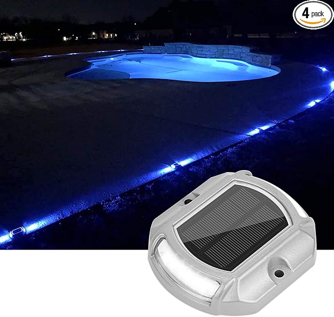 VOLISUN Solar Driveway Lights Dock Deck Lights 4-Pack2 Colors in 1 LED Solar Powered Waterproof Outdoor Warning Step Light for Driveway Sidewalk Pathway (White/Blue)Auto On/Off