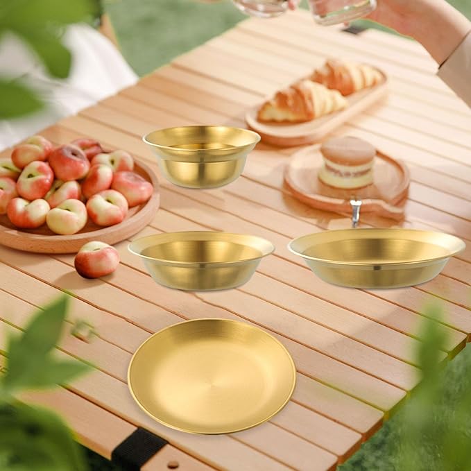 Stainless Steel Plates and Bowls Outdoor Tableware Insulated Metal Bowls Camping Utensils Dinnerware Set for Picnic BBQ Beach