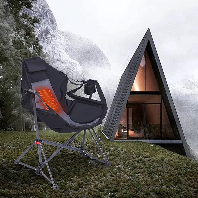 CDEN Heated Hammock Chair Heated Camping Chair Heated Swing Chair Heavy Duty with Stand Cup Holder Side Bag Power Bank Included for Patio Camping Backyard (1 Pack)