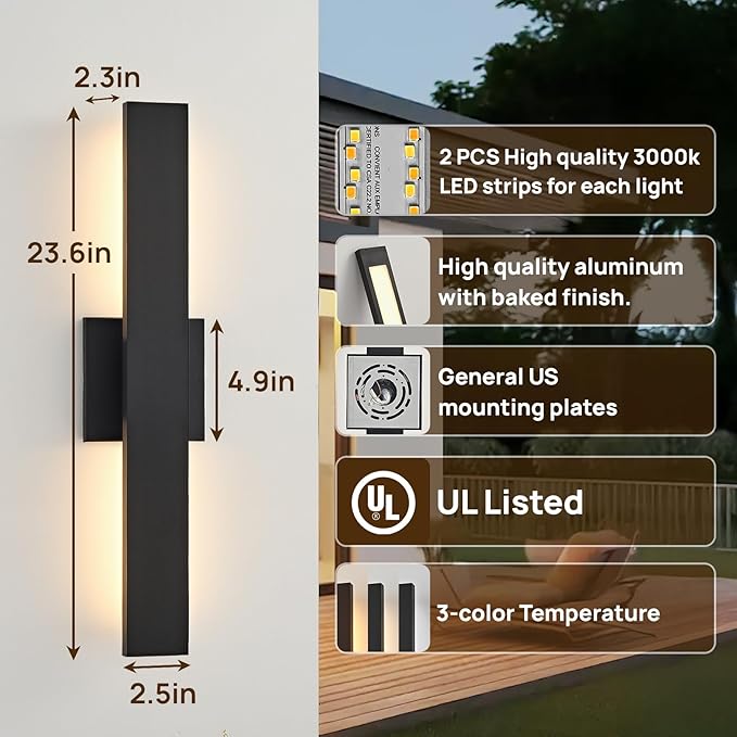 Upgraded 2-Pack 23.6in Modern LED Outdoor Wall Lights 3000K 4000K 5000K Dimmable Black Exterior Wall Sconce Long Outside Light fixtures for House Garage Front Door