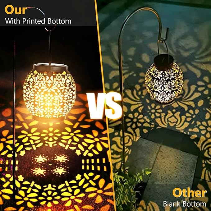 ODEETRONIC 2 Pack Warm White Outdoor Hanging Solar Garden Lanterns with Star Projection Retro Hollowed-Out LED Lights Waterproof for Yard Patio Lawn Porch Pathway Garden