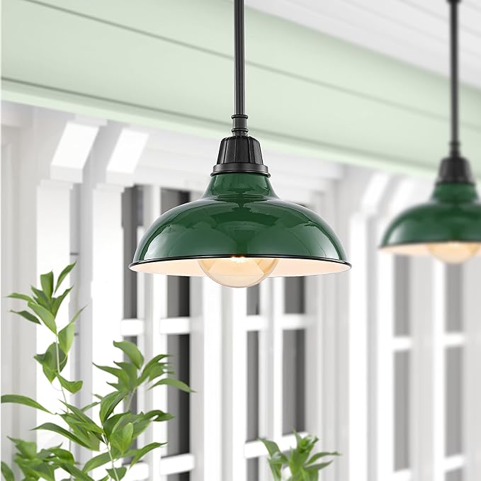 JONATHAN Y 12.25 Green/Black 1-Light Farmhouse Indoor/Outdoor LED Pendant Iron Hanging Light and Black Metal Shade Rustic Ceiling Lamp for Kitchen Island LED Bulb Included (JYL7611F)