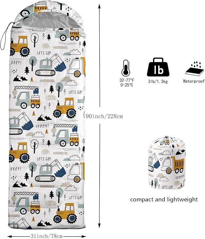 Kids Sleeping Bag for Boys GirlsConstruction Truck Print-Lightweight Warm Portable Outdoor Indoor-Waterproof Cold Weather Resistant Sleeping Bag for Camping Hiking(Truck)