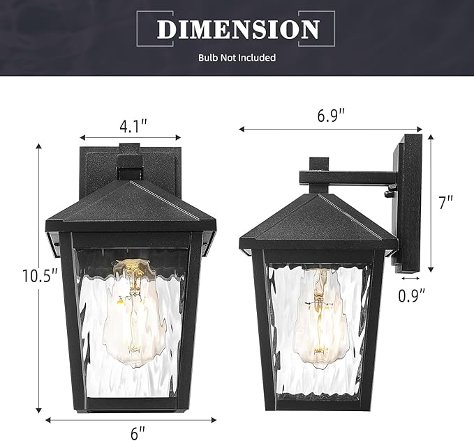 zeyu 2-Pack Outdoor Porch Light Fixtures Exterior Wall Lights for House Die-Cast Aluminum with Water Ripple Glass Black Finish 20076BS-2PK BK-WP