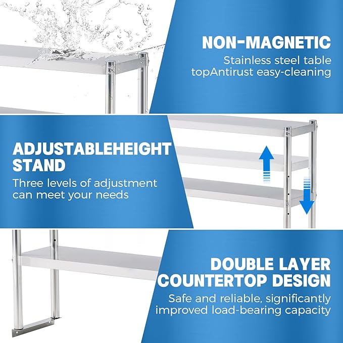 Stainless Steel Shelf 2 Tier Stainless Overshelf for Kitchen Prep Work Table 12 x 48 Inches Adjustable Commercial Steel Table OverShelf for Kitchen Restaurant Bar Utility Room Garage