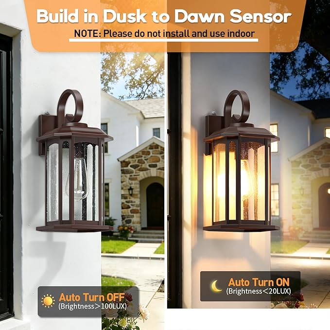 16.8'' Large Dusk to Dawn Outdoor Wall Lights Brown Exterior Lighting Fixtures Wall Sconce with Seeded Glass Waterproof Front Porch Light Outside Lantern for House Patio Garage 1Pack