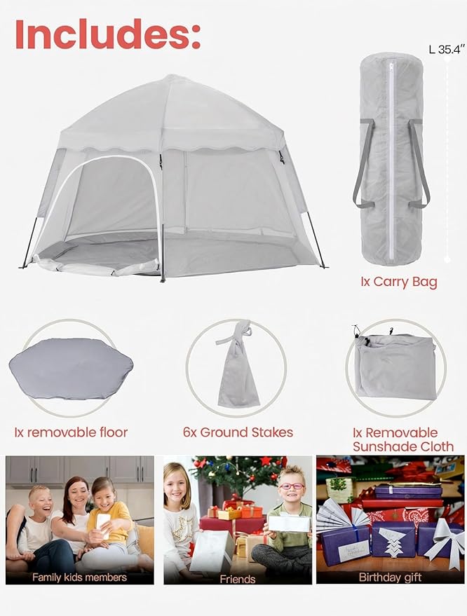 Portable Large Kids Beach Tent Shelter with Canopy UV Cover Indoor Outdoor Camping Tentwith Thick Removable Floor for Sleeping Or Beach Shelter (Light Grey)