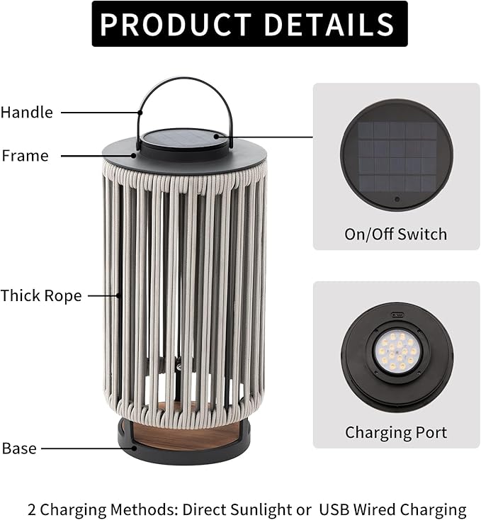 Outdoor Solar Lanterns Outdoor Hollowed-Out LED Floor Lights Aluminum Braided Rope Lantern with Handle for Patio Yard Pathway Grey