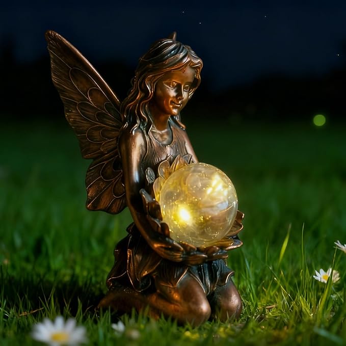 Garden Statues Outdoor Flower Fairy DecorSolar Powered Outdoor Resin Statues-Patio Lawn Yard Porch Funny Fairies Ornaments Figurines for Outside Garden Gifts8.31 Inches Tall