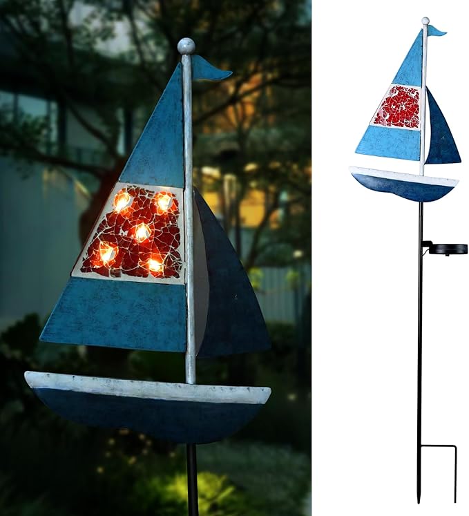 Solar Garden Lights Sailboat Stake Decor-Yard Outdoor Statue Decorations Waterproof 5 LED Metal Landscape Lighting Flower BedPondYardLawn Gift for Mom Grandma Women