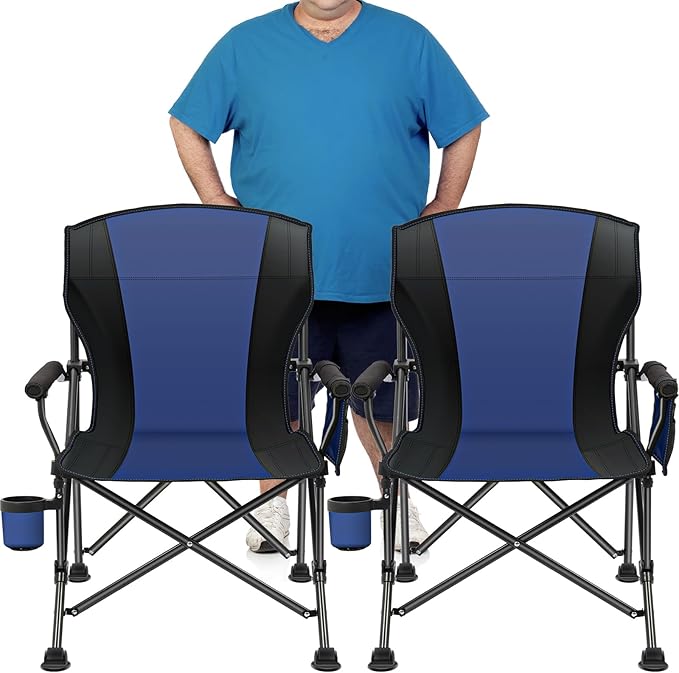 2 Pack Oversized Folding Camping Chair for Adults Supports 450 LBS Camping Chairs Heavy Duty Camping Chair with Side Pockets Foldable Outdoor Chair for Camping Beach Fishing Hiking Blue-Black