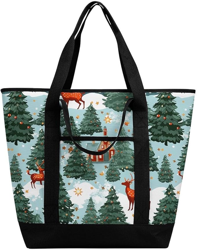 Insulated Shopping BagLarge Reusable Cooler Bags Christmas Holiday Printed Foldable Shopping BagTravel Waterproof Shoulder Bag