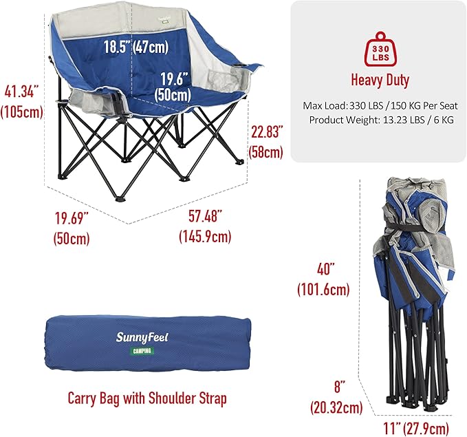 SUNNYFEEL Folding Double Camping Chair Outdoor Portable Loveseat Chair Heavy Duty Foldable Lawn Chairs with Storage for Beach/Tailgate/Travel/Picnic Fold Up Duo Camp Chairs for Adults 2 People