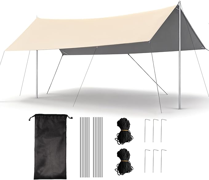 Hexagon Silver Camping Tarp Rain Fly Tarp Camping Canopy Lightweight Ripstop Fabric - UPF50+ Sun Shelter Waterproof &ampWindproof Beach Tent (118x118in Sand Gold Blackout Fabric)