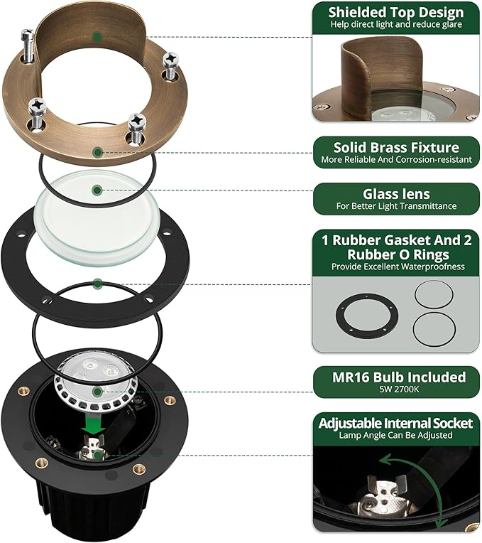 GKOLED LED Brass Well Lights 12V IP67 Waterproof Outdoor In Ground Light with MR16 Bulb and Swival Base Low Voltage Landscape Lighting 5W 370LM 2700K Up Light for Garden Tree Bushe Shielded Top