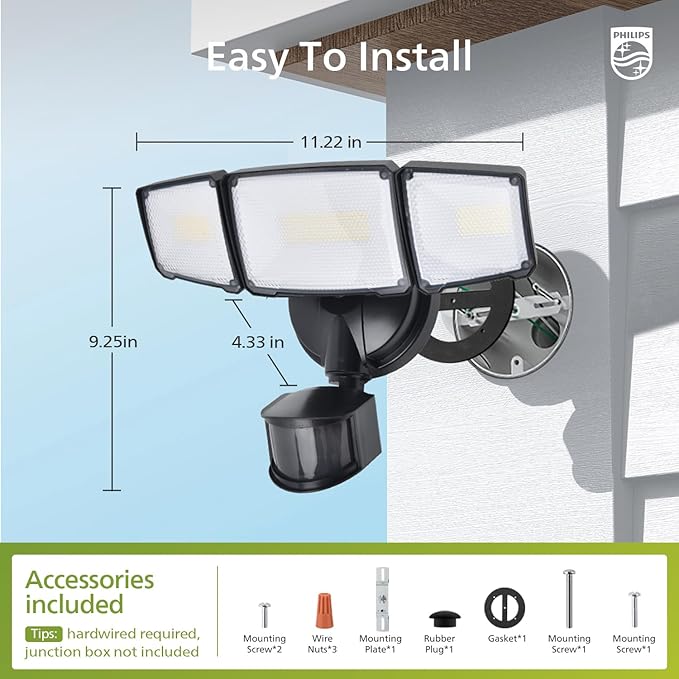 Philips 72W 7400LM LED Security Lights w/PIR Motion Sensor Outdoor 5000K Daylight Dusk to Dawn Aluminum Flood Light 3 Adjustable Heads Waterproof for Garage Yard Porch