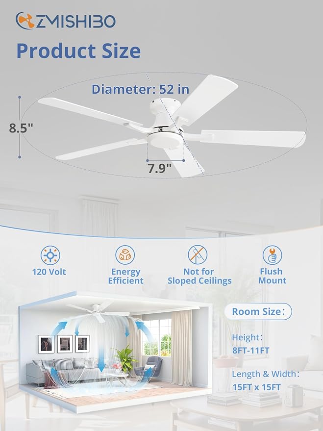 ZMISHIBO 52 Inch Ceiling Fan No Light Flush Mount Low Profile Modern White Ceiling Fan Without Light Remote Control &amp Quiet DC Motor for Indoor&ampOutdoor Bedroom Living Room