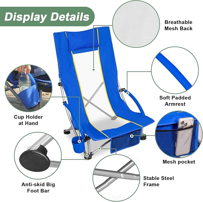 Romswi High Back Beach Chair Compact Lightweight Low Seat Camping Chair Fits in Suitcase 400lbs Heavy Duty Oversized Backpack Chair with Cup Holder &amp Storage Bag Blue