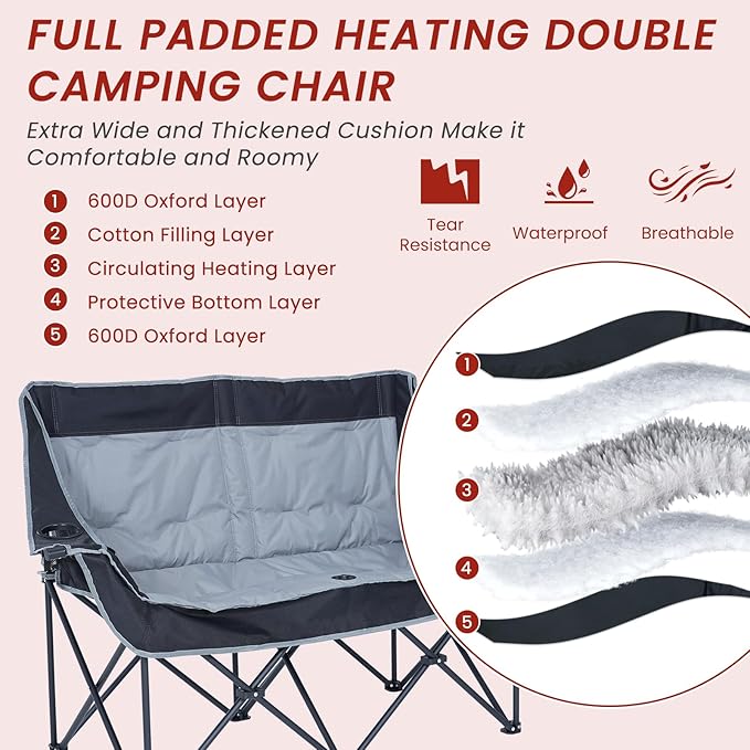 DoCred Heated Double Camping Chair Heated Folding Camping Chairs Loveseat Outdoor SportsHeating Oversized Loveseat Chairs for Adults2 Person Camp Chair with 3 Heat Levels Battery NOT Included