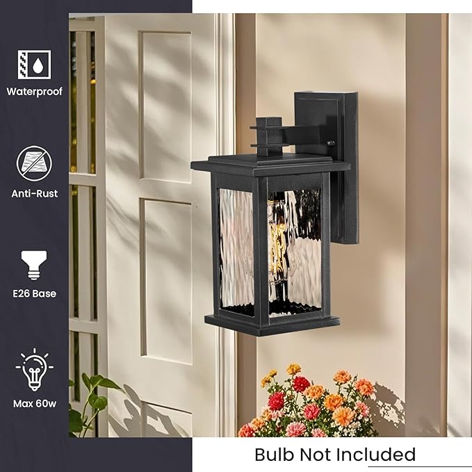Outdoor Wall Lights Waterproof Black Exterior Llighting Fixtures with Water Ripple Glass 12 Inch Height Porch Lights Outdoor Anti-Rust Aluminum Material and E26 Socket