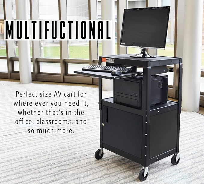 Stand Steady AV Cart with Locking Cabinet Adjustable Height UL Certified Steel Frame Black