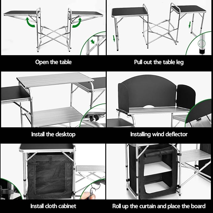 CampLand Folding Camping Kitchen Table with WindscreenPortable Outdoor Cooking Station with Storage Cabinet &amp Side Tables Heavy Duty Camp Cook Station for Camping &amp BBQ (Black2cabinet)