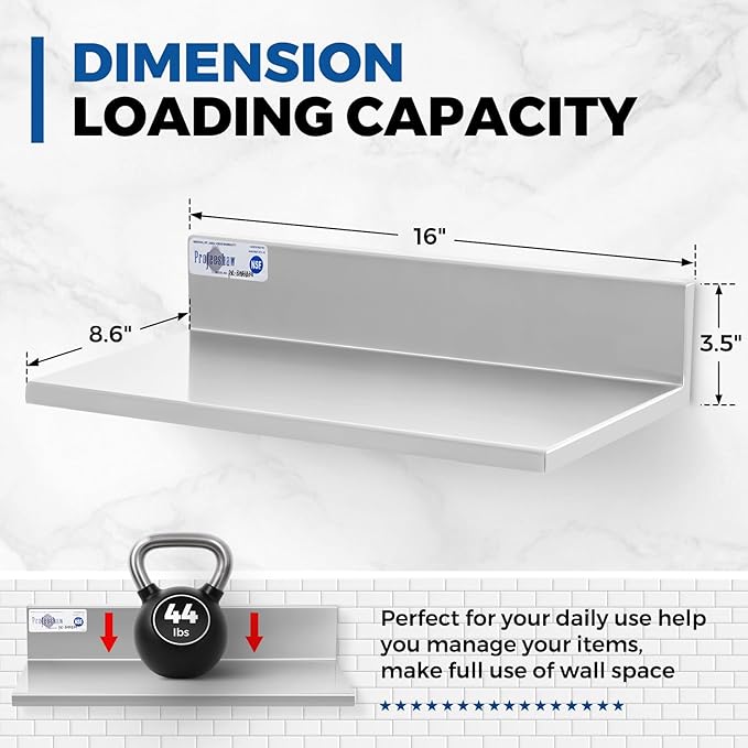Profeeshaw Stainless Steel Shelf Wall Mounted Commercial Stainless Steel Shelves 8.6 * 16 Inch 44lb Heavy Duty Commercial Kitchen Shelf for Restaurant Bar Utility Room Kitchen and Garage
