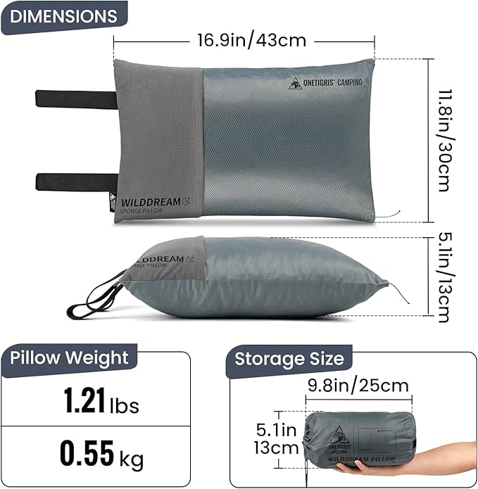 ONETIGRIS Wilddream Camping Pillow Shredded Small Memory Foam Pillow Compact Easy Clean Comfortable for Backpacking Travel and Car Trips 4 Season Use