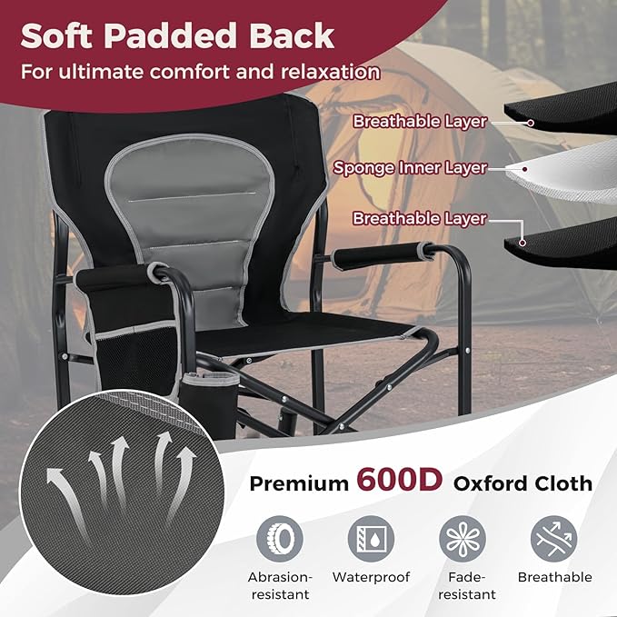 Goplus Outdoor Rocker Camping Chairs for Adults Portable Folding Chair w/Dual Springs Padded Back Cup Holder Storage Pocket Heavy-Duty Rocking Arm Chair for Beach Lawn Travel Fishing(2Black)