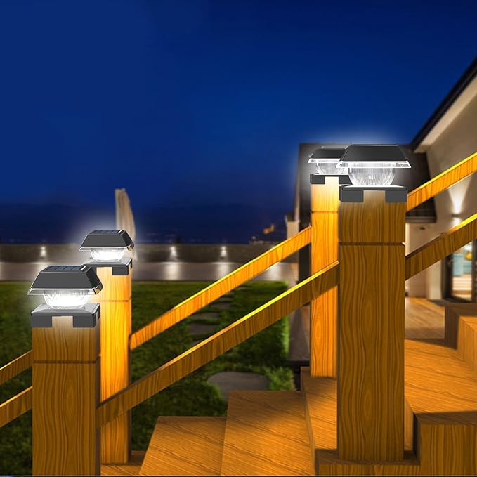 Solar Post Cap Lights Outdoor Deck Fence Post Lights wtih 120 Lumen Warm Light &amp Cool Light 3.5in-5.5in Adjustable Base Fit 4x4 5x5 Wood Post &amp 4x4 Vinyl/Metal Post for Patio Porch Backy