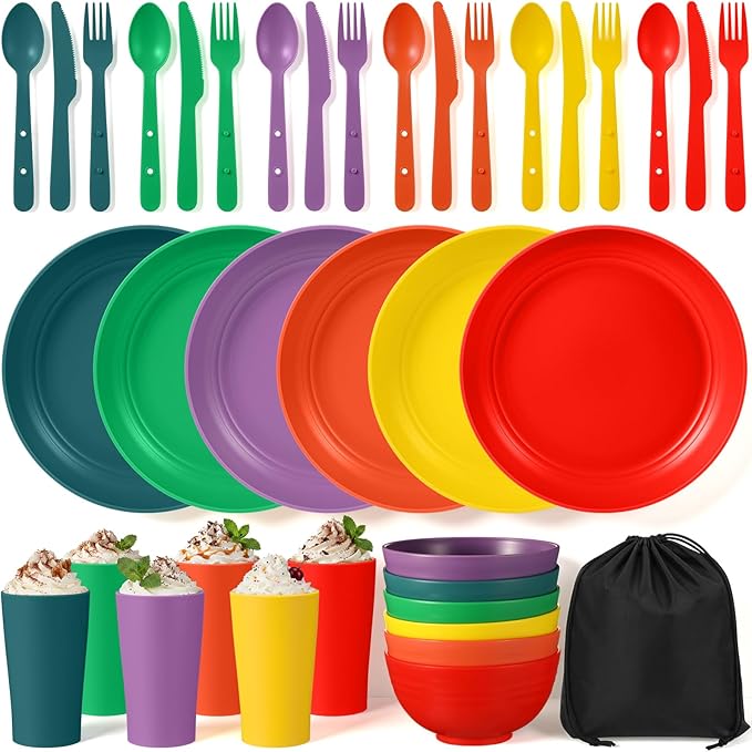 Remerry 6 Sets Camping Mess Kit with Plates Bowls Cups Spoon Fork and Knife Cutlery in 6 Colors Tableware Reusable Plastic Tableware Set for Travel Picnic Camping Necessity Home Party