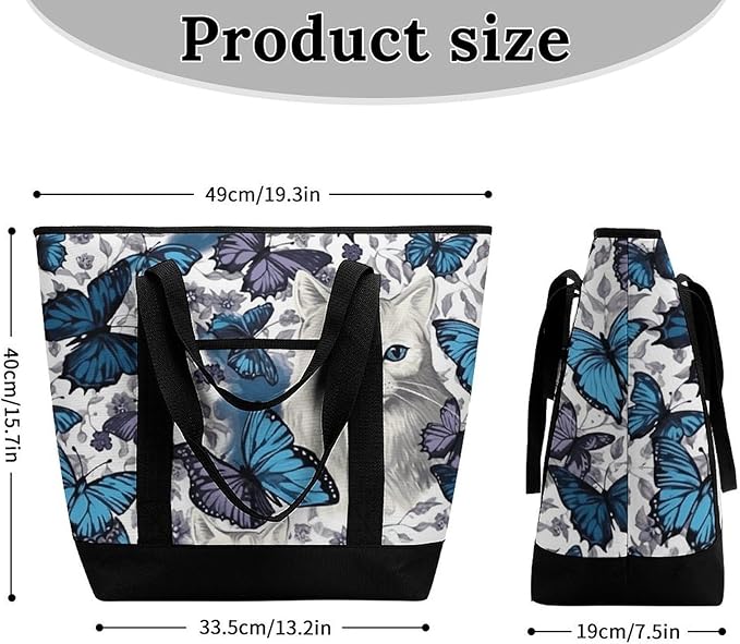 Insulated Shopping BagLarge Reusable Cooler Bags Blue Butterfly And White Cat Printed Foldable Shopping BagTravel Waterproof Shoulder Bag