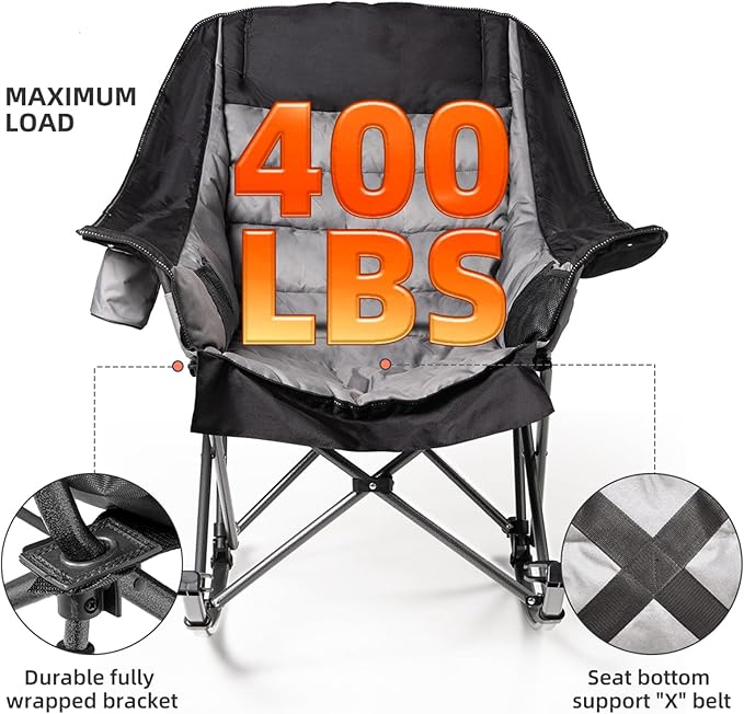 Oversized Rocking Camping Chair for Adults - 400lbs Capacity Padded Camp Chair with Cup Holder Portable Foldable Outdoor Rocker Chair for Camping Backyard Patio (Black &amp Gray)