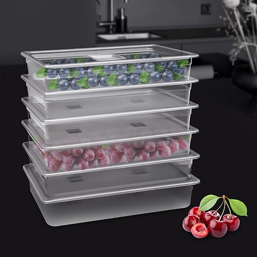 Hotel Pans 6 Pack Full Size 4'' Deep Clear Food Pans with Lids Commercial Stackable Food Pans Polycarbonate Transparent Food Storage Containers Freezer-Safe for Restaurant Hotel