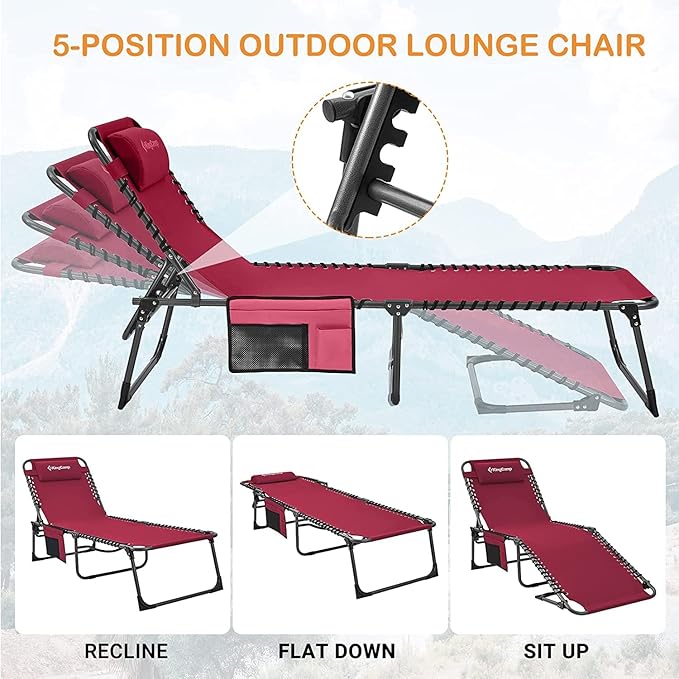 KingCamp Lounge Chair Outdoor Folding Portable Tanning Chairs Comfy Adjustable 5-Position Lay Flat Foldable Chaise Chaser Lounger with Pillow for Outside Beach Patio Sun Bathing Backyard Pool Wine