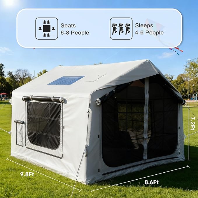 8㎡ Luxury Inflatable Camping Tent for 3-8 People UV-Resistant 4-Season Family Tent with Chimney Port &amp Skylight Oxford Fabric or Tech Cotton – White Tank Gray Aurora Green