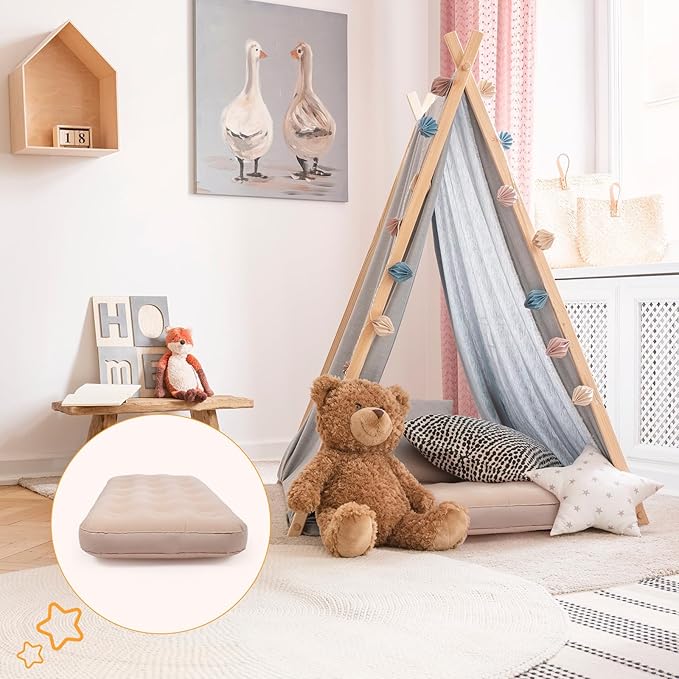 Geetery Kids Air Mattress Toddler Inflatable Airbed 55x27.6x8.7 Inch Foldable Comfort Flocked Blow up Bed with Patch Kit Portable Sleepover Mattresses for Home Travel Camping Party(Beige 4 Pcs)