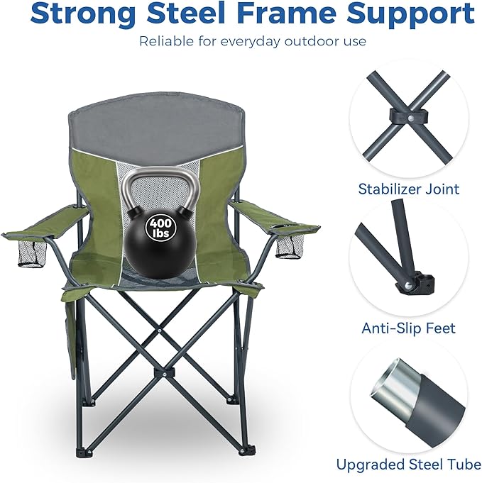 Outdoor Camping Chair 2-Pack with Mesh Back Folding Portable Lawn Chairs with Cup Holder &amp Side Storage Pocket for Camping Beach Picnic Fishing(Green)
