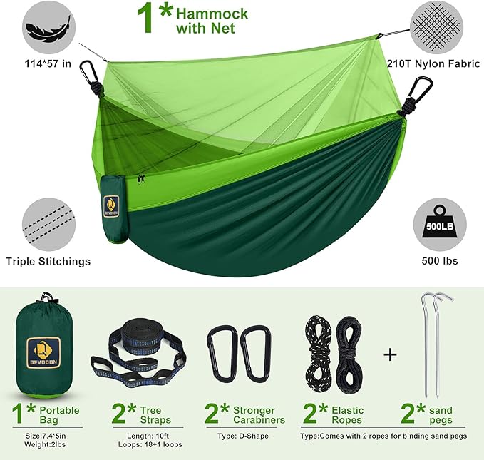 Camping Hammock with NetTravel Portable Lightweight Hammocks with Tree Straps and Solid D-Shape CarabinersParachute Nylon Hammock for Outsides Backpacking Beach Backyard Patio Hiking