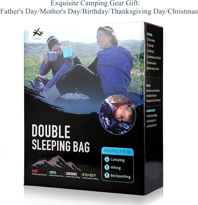 Double Sleeping Bag Flannel for Adults Kids Queen Size for 2 Person with 2 Pillows Warm &amp Cold Weather Sleeping Bag for Camping Hiking Waterproof Lightweight with Compression Sack