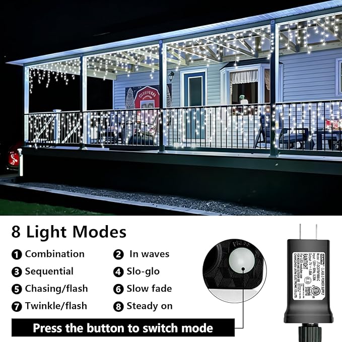 QITONG Icicle Lights for Outside 66ft 800 LED String Lights Plug in with 8 Modes Connectable White Icicle Christmas Light Clear Wire Indoor