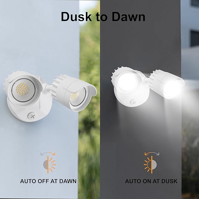 LED Flood Lights Outdoor 34W 3500LM Dusk to Dawn Dual-Head Flooflight IP65 Waterproof Exterior Security Lights Wall Light for Ourside Patio Garage Yard (White) (1)