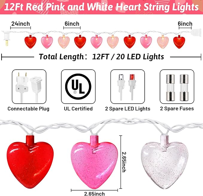20 LED Valentine's Day Decorations Heart Lights 12Ft Heart String Lights Outdoor Waterproof with 20 LED Red Pink White Hearts Shaped with Glitter for Room Door Windows Fence Valentines Day Decor