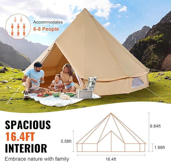 VEVOR Canvas Tent Bell Yurt 4 Seasons for Camping with Stove Jack Breathable Holds up to 4 People Family Camping Outdoor Hunting Party