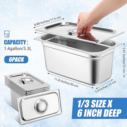 Thenshop 6 Pack Stainless Steam Hotel Pan with Lid Deep Steam Table Pan Reusable Anti Rust Water Restaurant Supplies for Home Party Buffet(12.8 x 6.89 x 5.91 Inches Pans1/3 Size Lids)