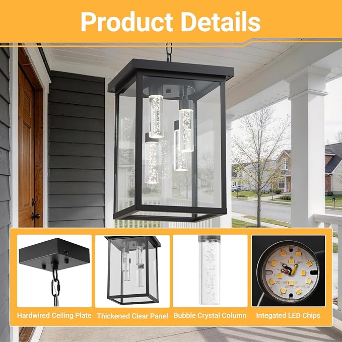 LOUSACE Modern LED Outdoor Pendant Light for Porch Large 4 Lights Exterior Hanging Light Fixtures 5CCT Dimmable Black Outside Chandelier Pendant Porch Lights with Clear Glass for Entrance Foyer