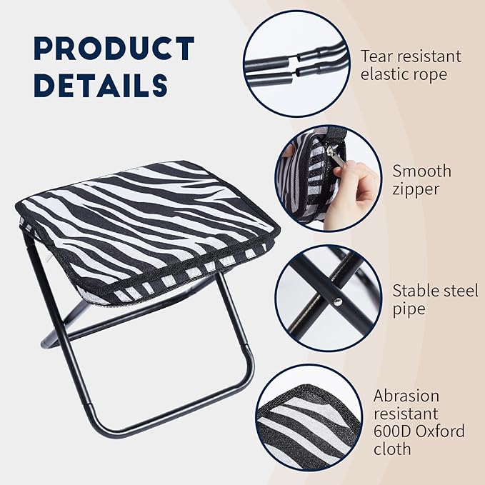 Collapsible Stool Camping Folding Stools: 1.1lbs Lightweight Portable Foot Stool Load 300lbs - 10.5 Inch Camping Chair Fishing Hiking Gardening Beach BBQ with Carry Bag Easy Transport (Stripe)