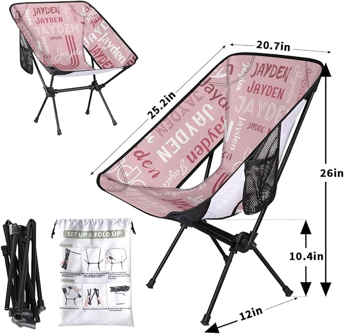 Custom Camping Chair Personalized Portable Backpacking Chair with Name Lightweight Folding Chair for Beach Hiking Peach