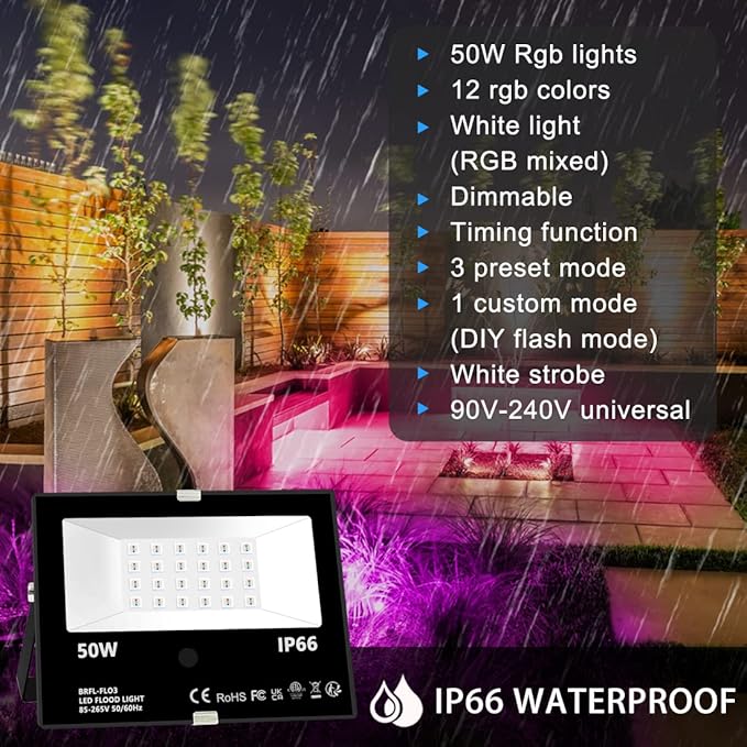 MELPO Led Flood Light Outdoor 50W RGB Color Changing Landscape Lighting with Remote Timing - 12 Colors - 4 Modes IP66 Waterproof US 3-Plug (Pack of 2)